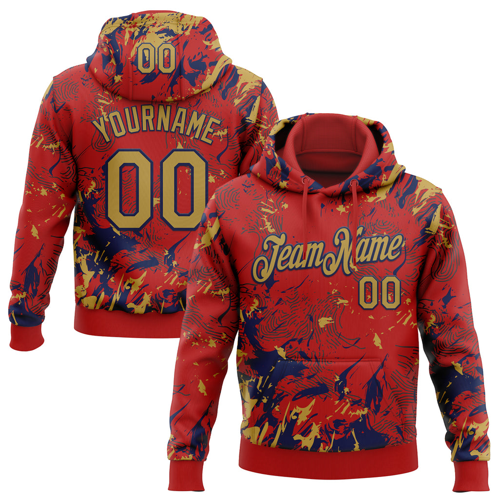 Custom Stitched Red Old Gold-Navy 3D Pattern Design Splash Sports Pullover Sweatshirt Hoodie