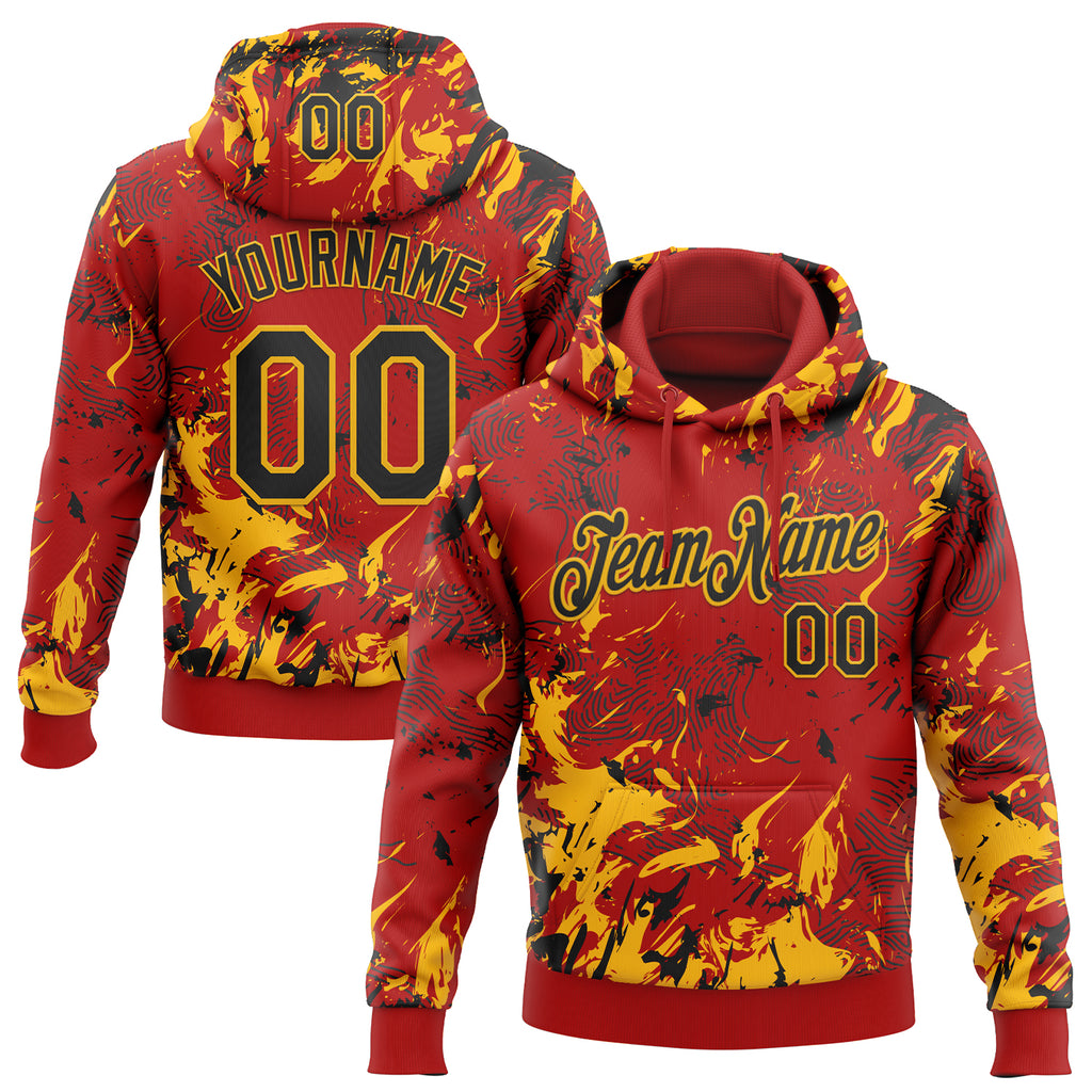 Custom Stitched Red Black-Gold 3D Pattern Design Splash Sports Pullover Sweatshirt Hoodie
