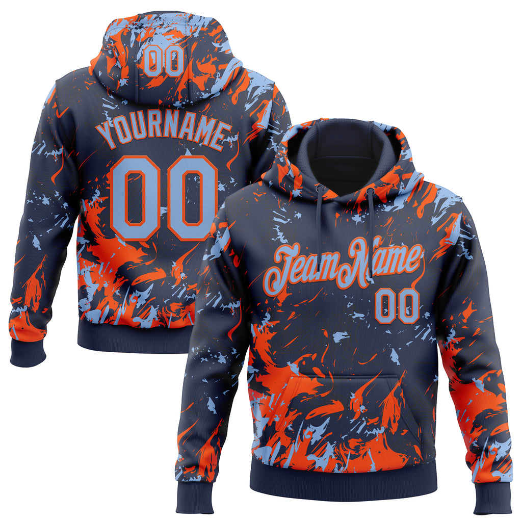 Custom Stitched Navy Light Blue-Orange 3D Pattern Design Splash Sports Pullover Sweatshirt Hoodie