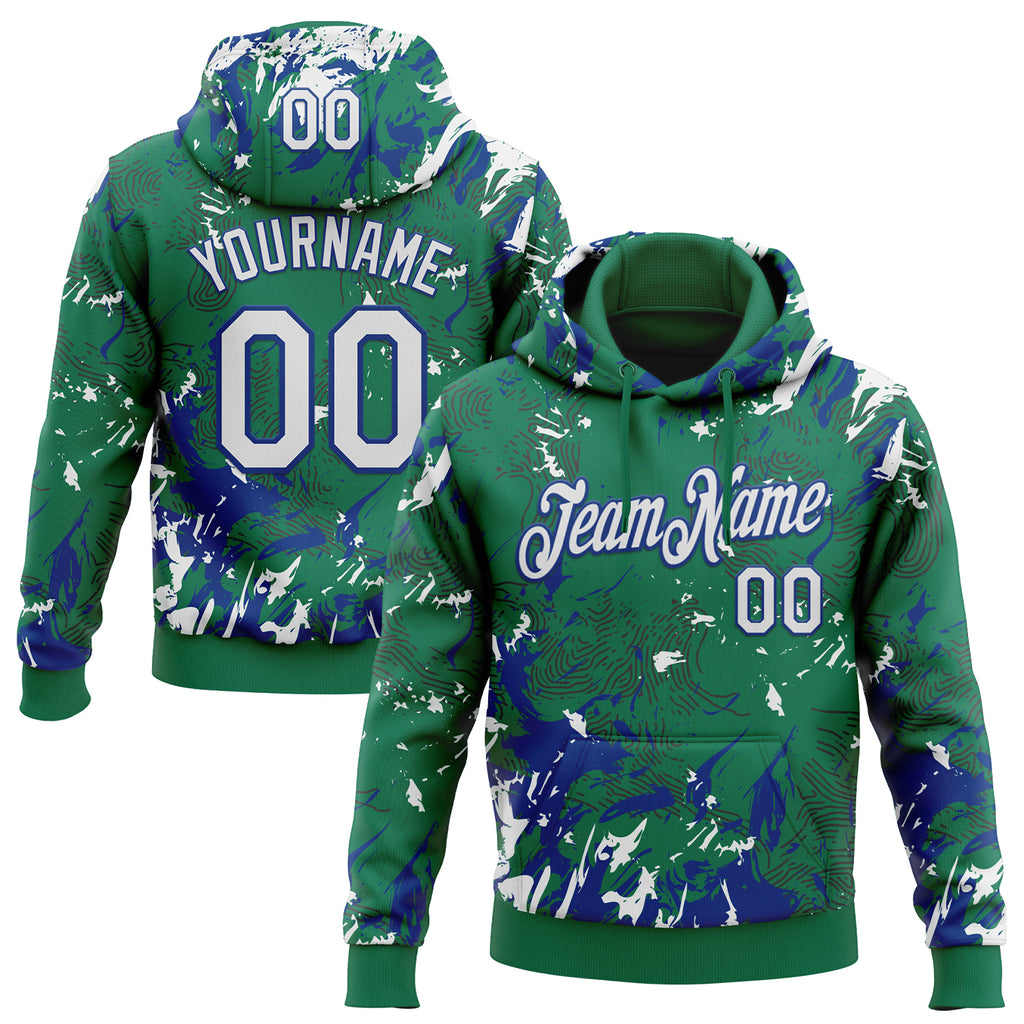 Custom Stitched Kelly Green White-Royal 3D Pattern Design Splash Sports Pullover Sweatshirt Hoodie
