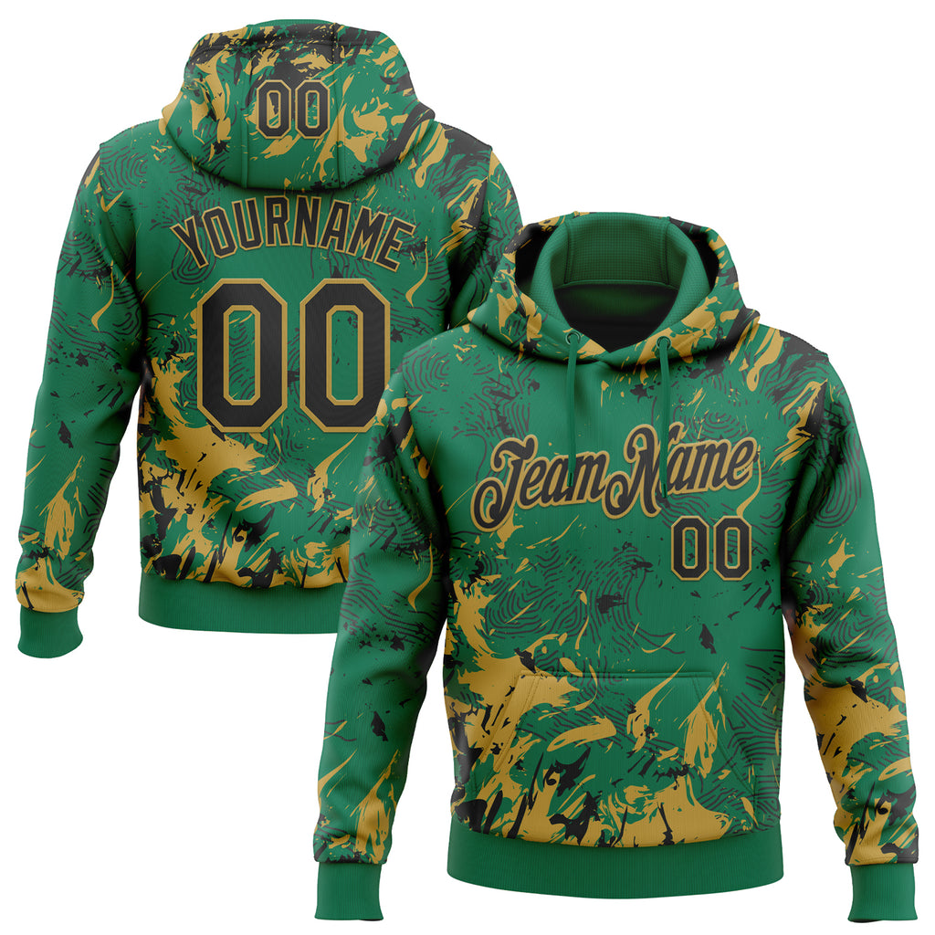Custom Stitched Kelly Green Black-Old Gold 3D Pattern Design Splash Sports Pullover Sweatshirt Hoodie