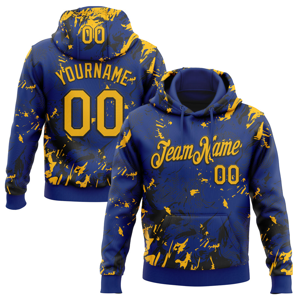 Custom Stitched Royal Gold-Black 3D Pattern Design Splash Sports Pullover Sweatshirt Hoodie