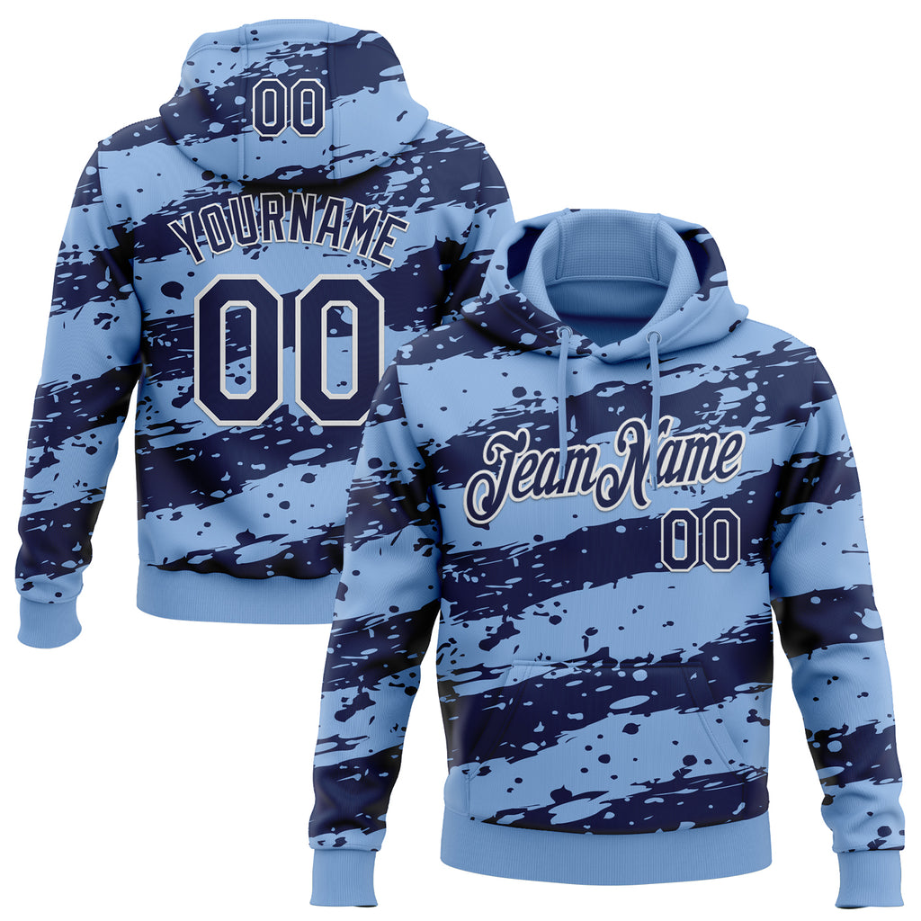 Custom Stitched Light Blue Navy-White 3D Pattern Design Splash Torn Paper Style Sports Pullover Sweatshirt Hoodie