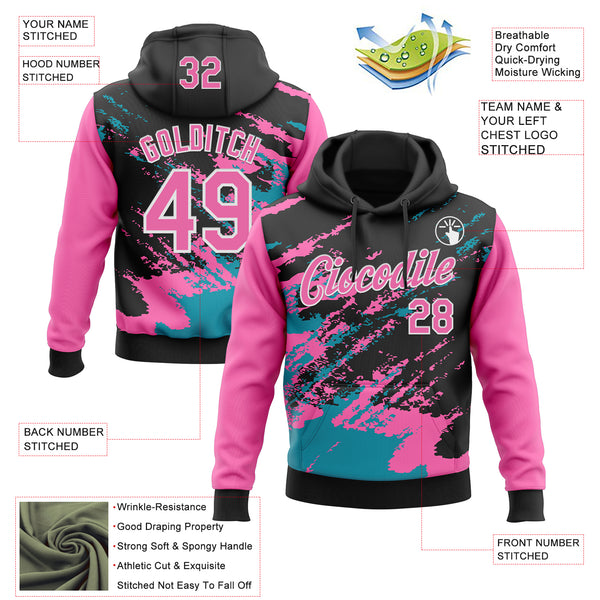 Custom Stitched Black Pink Teal-White 3D Pattern Design Abstract Fragment Art Splash Sports Pullover Sweatshirt Hoodie