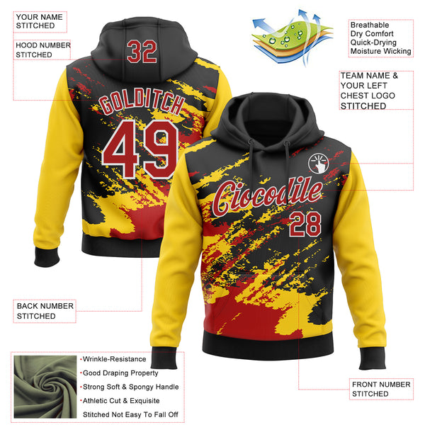 Custom Stitched Black Red Yellow-White 3D Pattern Design Abstract Fragment Art Splash Sports Pullover Sweatshirt Hoodie