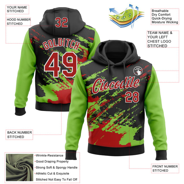 Custom Stitched Black Red Neon Green-White 3D Pattern Design Abstract Fragment Art Splash Sports Pullover Sweatshirt Hoodie