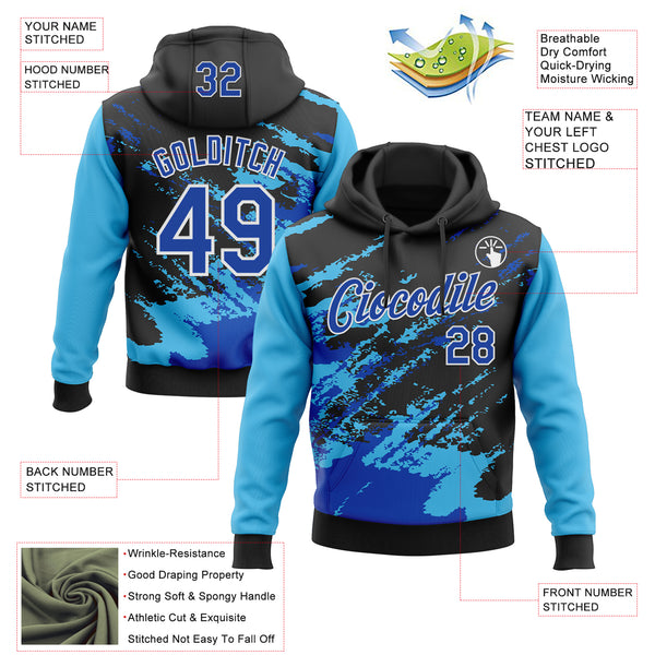 Custom Stitched Black Thunder Blue Sky Blue-White 3D Pattern Design Abstract Fragment Art Splash Sports Pullover Sweatshirt Hoodie