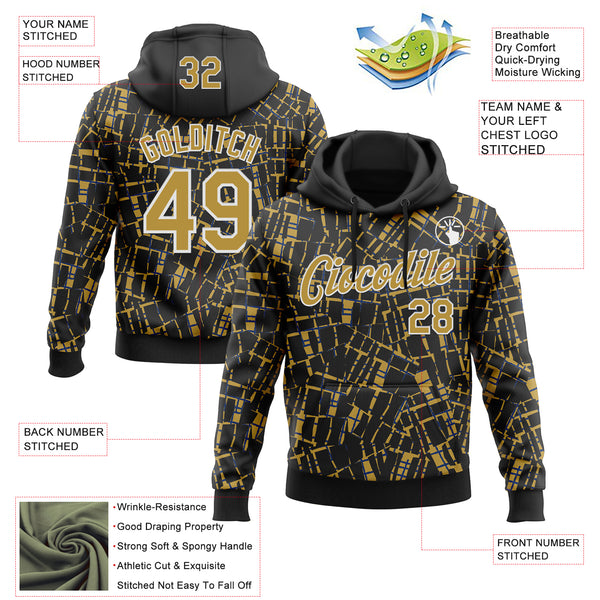 Custom Stitched Black Old Gold-White 3D Pattern Design Line Sports Pullover Sweatshirt Hoodie