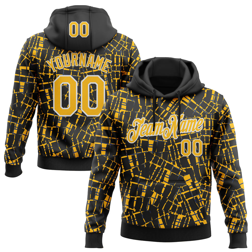 Custom Stitched Black Gold-White 3D Pattern Design Line Sports Pullover Sweatshirt Hoodie