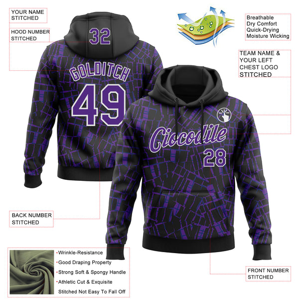 Custom Stitched Black Purple-White 3D Pattern Design Line Sports Pullover Sweatshirt Hoodie