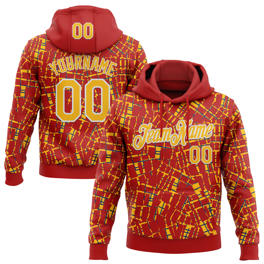 Custom Stitched Red Gold-White 3D Pattern Design Line Sports Pullover Sweatshirt Hoodie