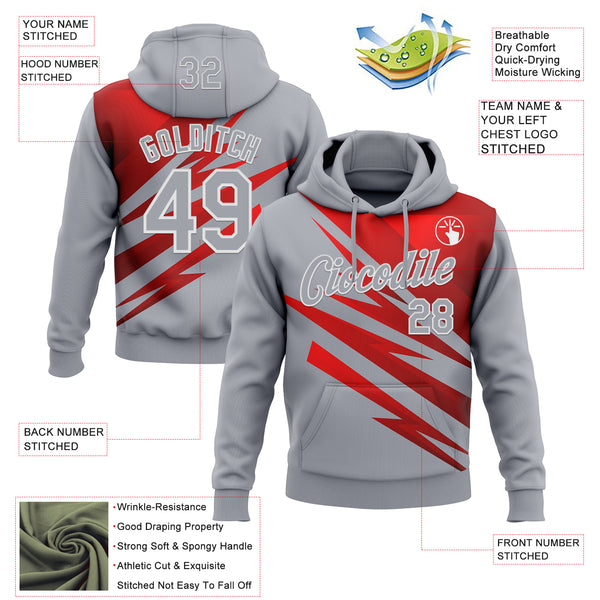 Custom Stitched Gray Red-White 3D Pattern Design Line Sports Pullover Sweatshirt Hoodie