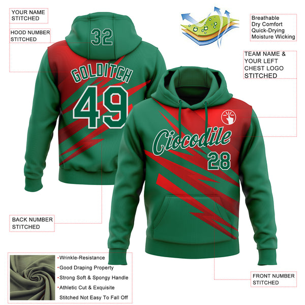 Custom Stitched Kelly Green Red-White 3D Pattern Design Line Sports Pullover Sweatshirt Hoodie
