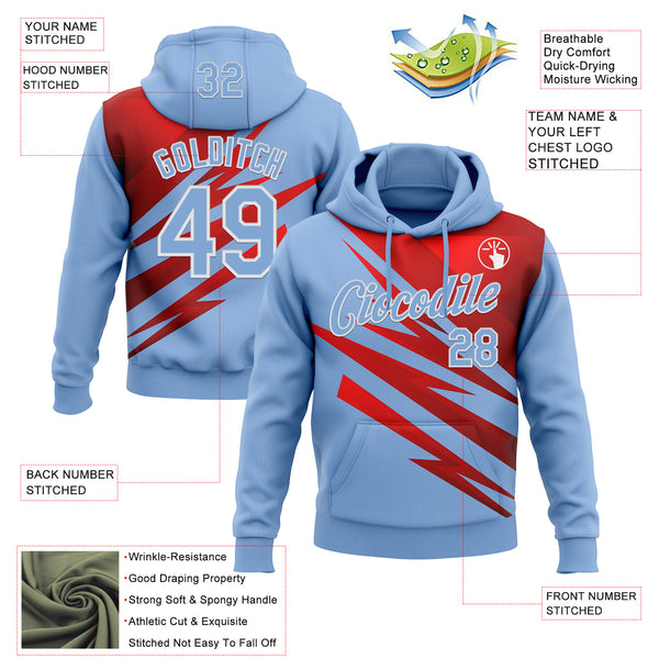 Custom Stitched Light Blue Red-White 3D Pattern Design Line Sports Pullover Sweatshirt Hoodie