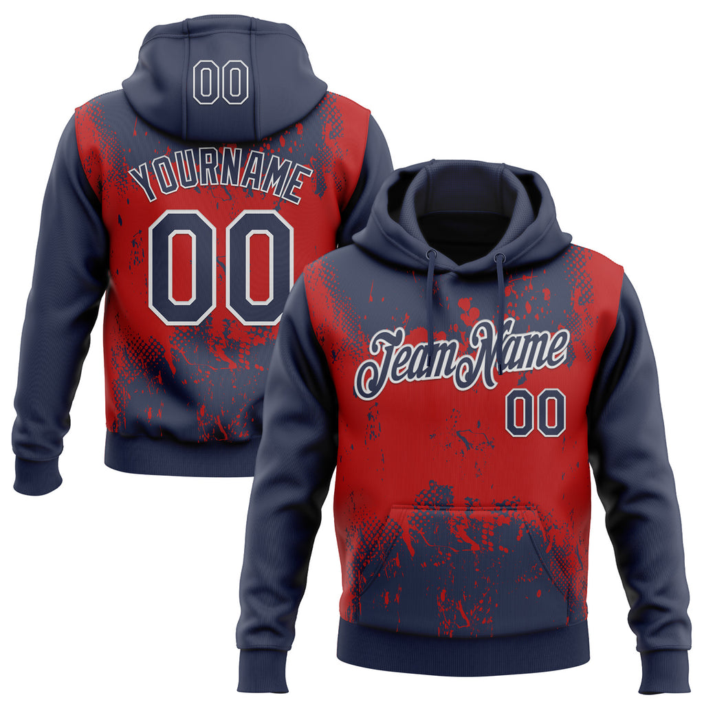 Custom Stitched Navy Red-White 3D Pattern Design Abstract Splatter Grunge Art Sports Pullover Sweatshirt Hoodie