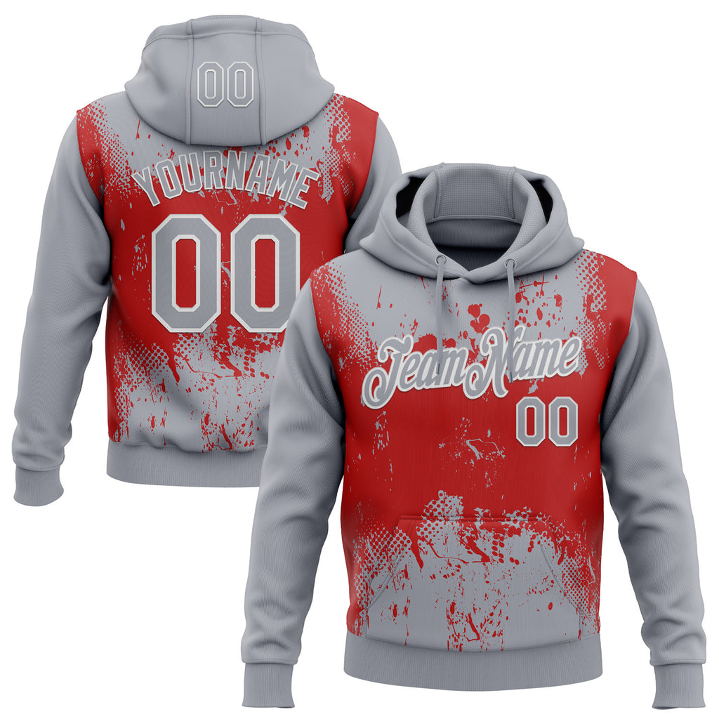Custom Stitched Gray Red-White 3D Pattern Design Abstract Splatter Grunge Art Sports Pullover Sweatshirt Hoodie