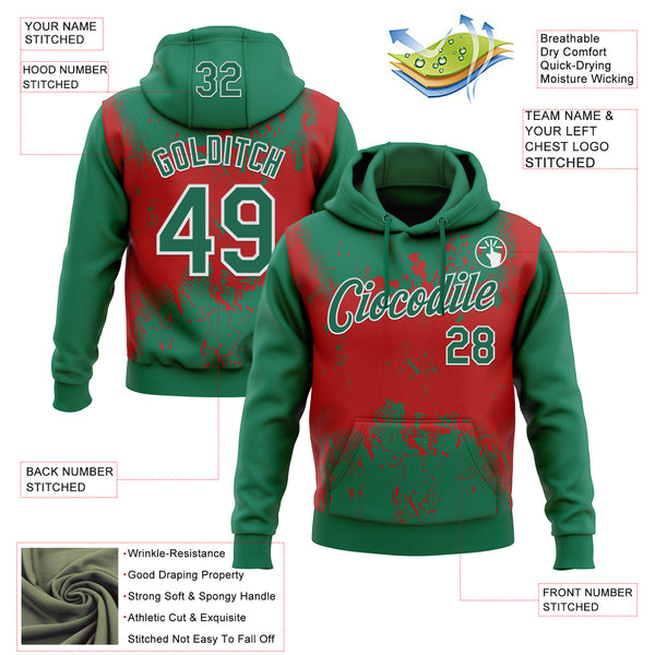 Custom Stitched Kelly Green Red-White 3D Pattern Design Abstract Splatter Grunge Art Sports Pullover Sweatshirt Hoodie