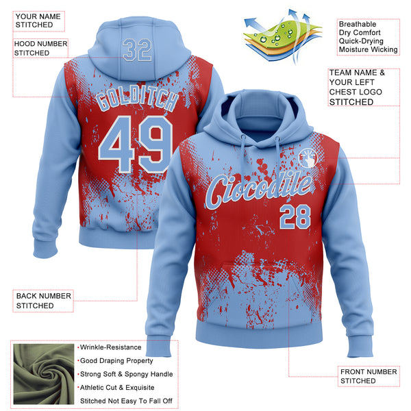 Custom Stitched Light Blue Red-White 3D Pattern Design Abstract Splatter Grunge Art Sports Pullover Sweatshirt Hoodie