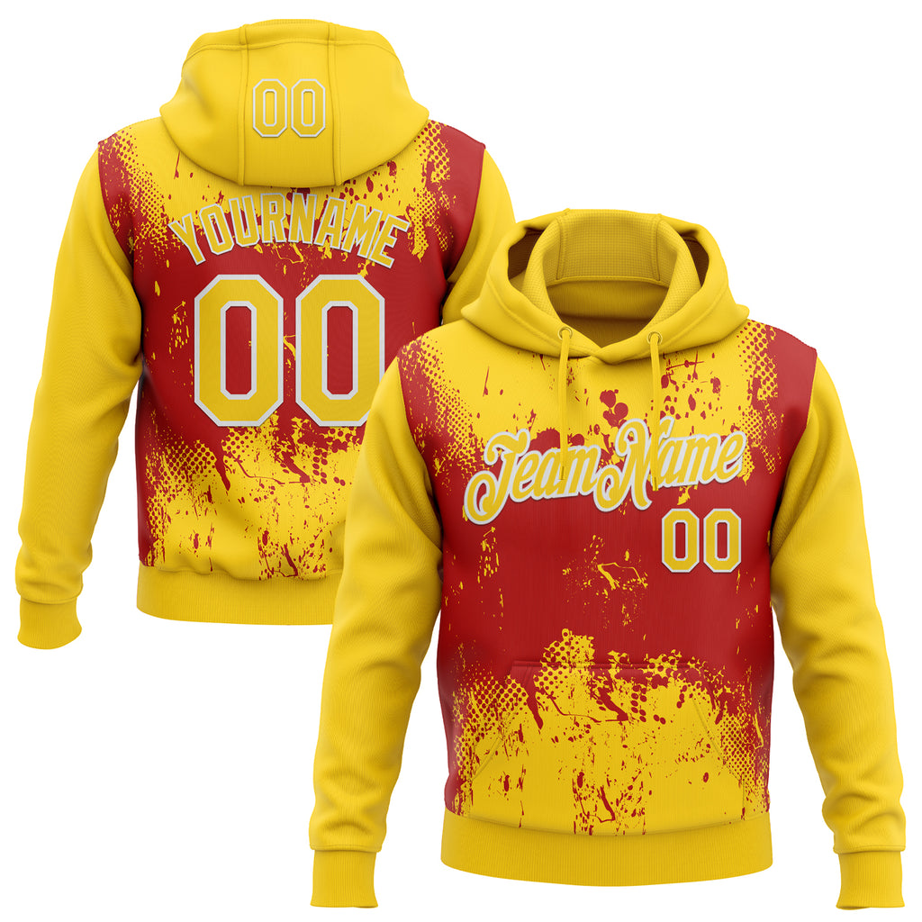Custom Stitched Yellow Red-White 3D Pattern Design Abstract Splatter Grunge Art Sports Pullover Sweatshirt Hoodie