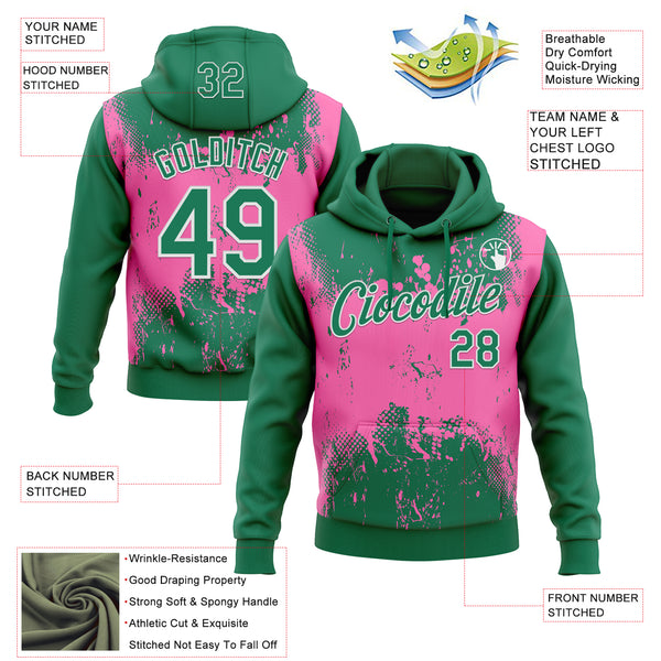 Custom Stitched Kelly Green Pink-White 3D Pattern Design Abstract Splatter Grunge Art Sports Pullover Sweatshirt Hoodie