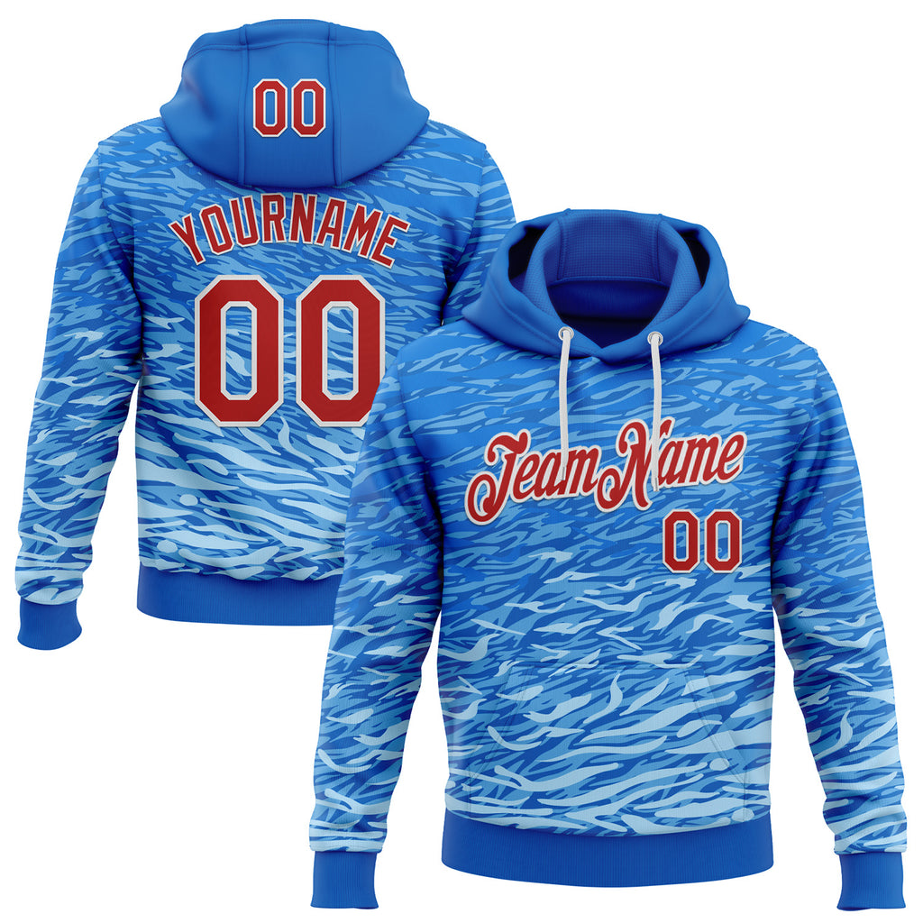 Custom Stitched Royal Red-White 3D Pattern Design Wave Sports Pullover Sweatshirt Hoodie