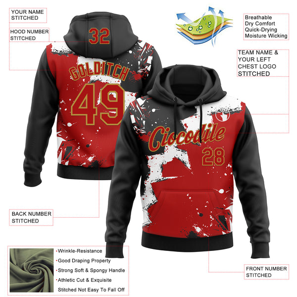 Custom Stitched Black Red Old Gold-White 3D Pattern Design Splash Torn Paper Style Sports Pullover Sweatshirt Hoodie