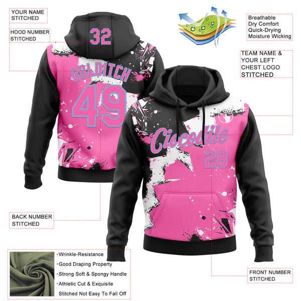 Custom Stitched Black Pink Light Blue-White 3D Pattern Design Splash Torn Paper Style Sports Pullover Sweatshirt Hoodie