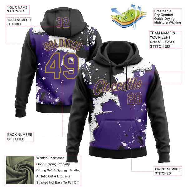 Custom Stitched Black Purple Old Gold-White 3D Pattern Design Splash Torn Paper Style Sports Pullover Sweatshirt Hoodie