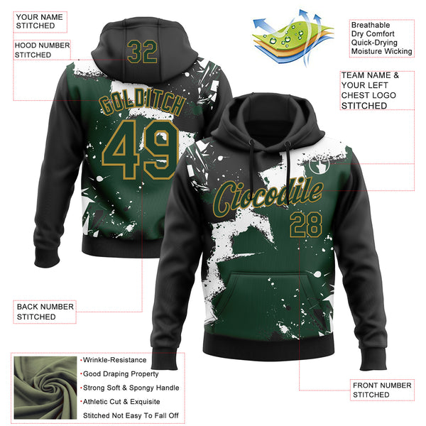 Custom Stitched Black Green Old Gold-White 3D Pattern Design Splash Torn Paper Style Sports Pullover Sweatshirt Hoodie