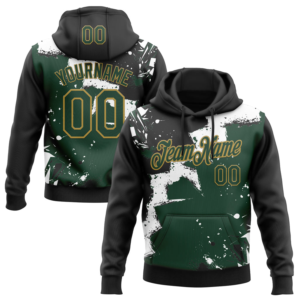 Custom Stitched Black Green Old Gold-White 3D Pattern Design Splash Torn Paper Style Sports Pullover Sweatshirt Hoodie