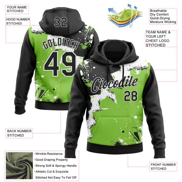 Custom Stitched Black Neon Green-White 3D Pattern Design Splash Torn Paper Style Sports Pullover Sweatshirt Hoodie