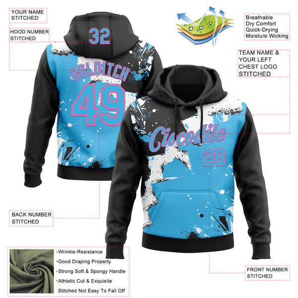 Custom Stitched Black Sky Blue Pink-White 3D Pattern Design Splash Torn Paper Style Sports Pullover Sweatshirt Hoodie