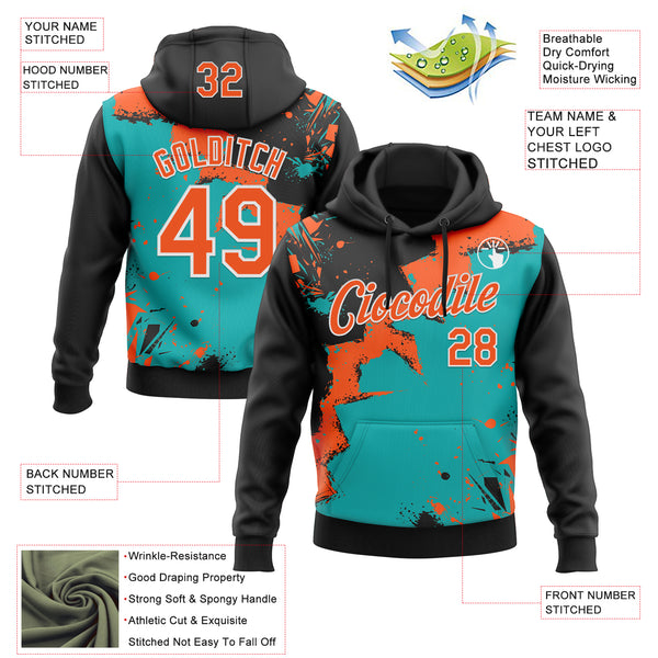 Custom Stitched Black Orange Aqua-White 3D Pattern Design Splash Torn Paper Style Sports Pullover Sweatshirt Hoodie