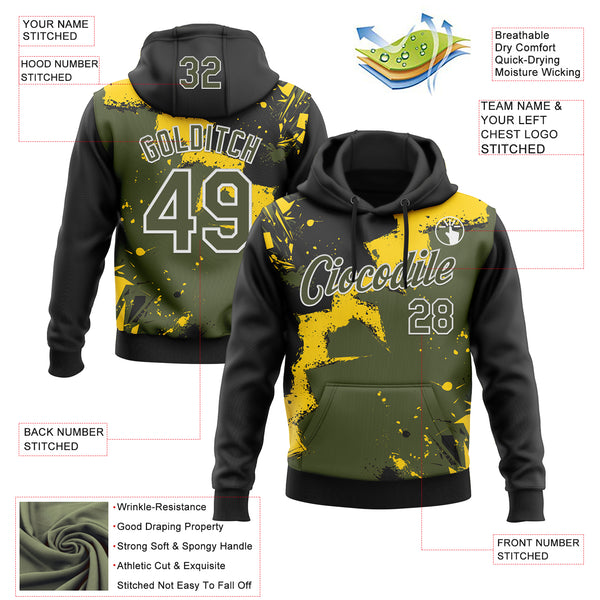 Custom Stitched Black Olive Yellow-White 3D Pattern Design Splash Torn Paper Style Sports Pullover Sweatshirt Hoodie
