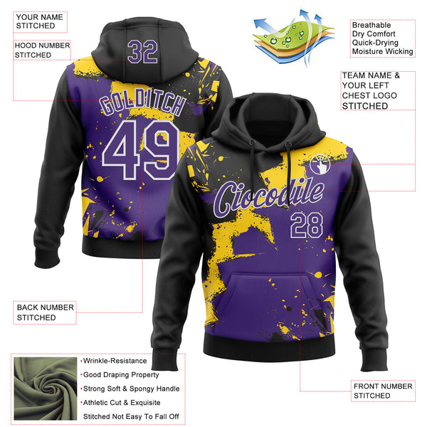 Custom Stitched Black Purple Yellow-White 3D Pattern Design Splash Torn Paper Style Sports Pullover Sweatshirt Hoodie