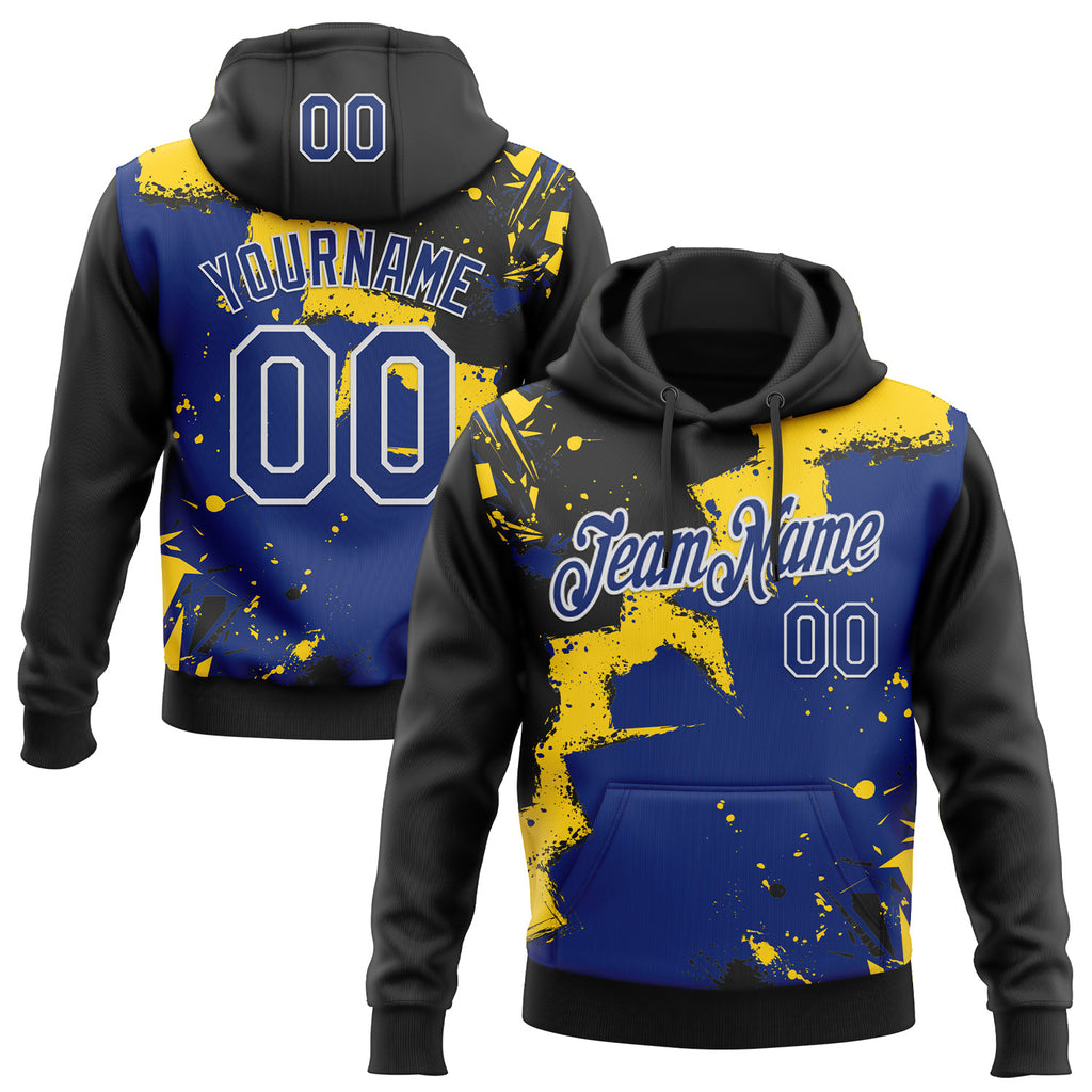 Custom Stitched Black Royal Yellow-White 3D Pattern Design Splash Torn Paper Style Sports Pullover Sweatshirt Hoodie