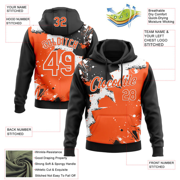 Custom Stitched Black Orange-White 3D Pattern Design Splash Torn Paper Style Sports Pullover Sweatshirt Hoodie