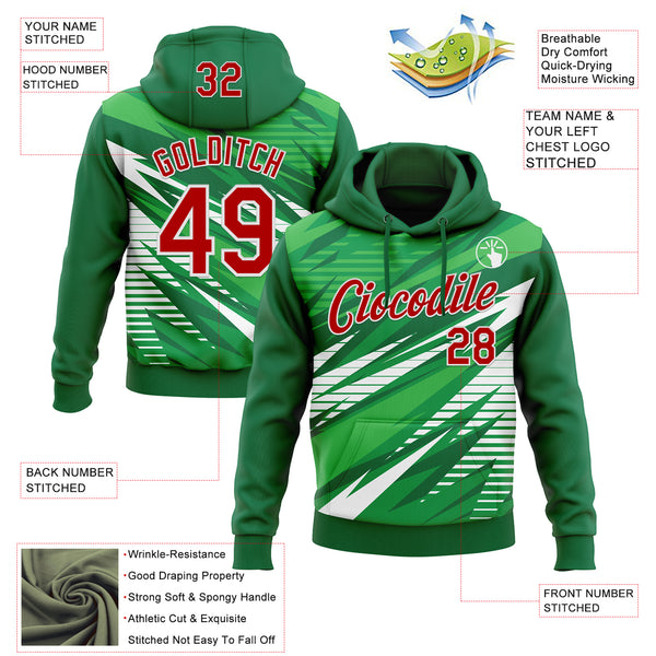 Custom Stitched Kelly Green Red-White 3D Pattern Design Line Sports Pullover Sweatshirt Hoodie