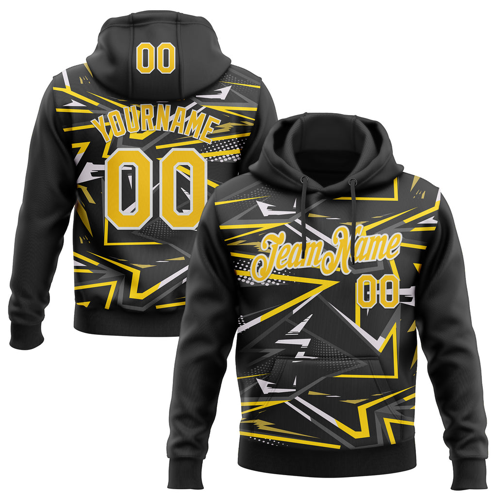 Custom Stitched Black Yellow-White 3D Pattern Design Line Sports Pullover Sweatshirt Hoodie