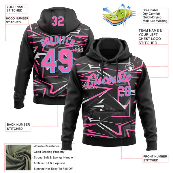 Custom Stitched Black Pink Light Blue-White 3D Pattern Design Line Sports Pullover Sweatshirt Hoodie
