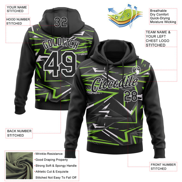 Custom Stitched Black Neon Green-White 3D Pattern Design Line Sports Pullover Sweatshirt Hoodie