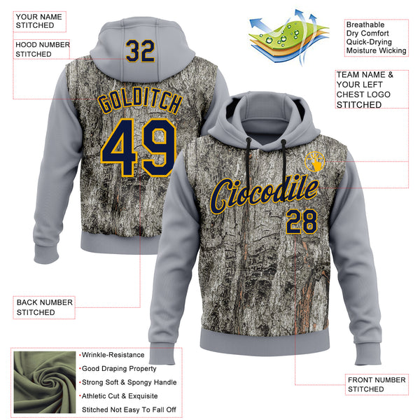 Custom Stitched Gray Navy-Gold 3D Pattern Design Tree Camo Hunting Sports Pullover Sweatshirt Hoodie