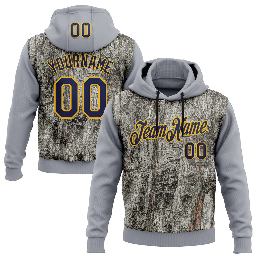 Custom Stitched Gray Navy-Gold 3D Pattern Design Tree Camo Hunting Sports Pullover Sweatshirt Hoodie
