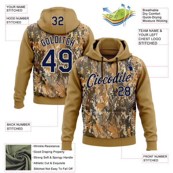 Custom Stitched Old Gold Navy-Cream 3D Pattern Design Tree Camo Hunting Sports Pullover Sweatshirt Hoodie