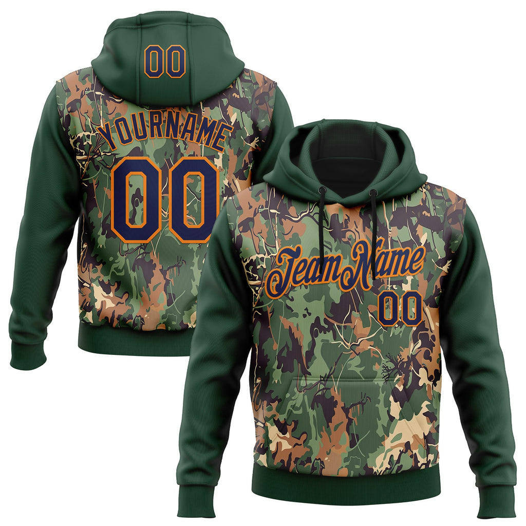 Custom Stitched Green Navy-Bay Orange 3D Pattern Design Tree Camo Hunting Sports Pullover Sweatshirt Hoodie