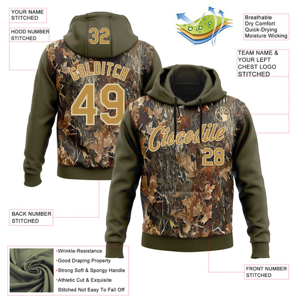 Custom Stitched Olive Old Gold-Cream 3D Pattern Design Tree Camo Hunting Sports Pullover Sweatshirt Salute To Service Hoodie