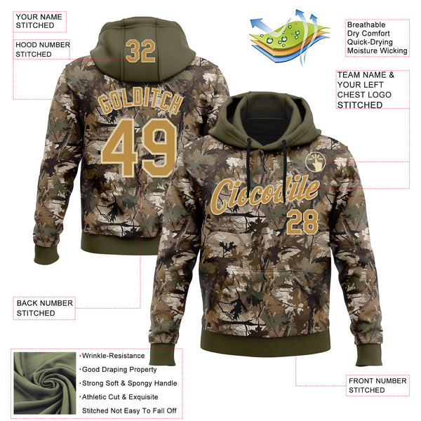 Custom Stitched Olive Old Gold-Cream 3D Pattern Design Tree Camo Hunting Sports Pullover Sweatshirt Salute To Service Hoodie