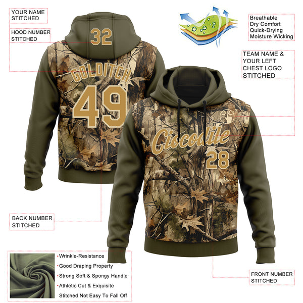 Custom Stitched Olive Old Gold-Cream 3D Pattern Design Tree Camo Hunting Sports Pullover Sweatshirt Salute To Service Hoodie