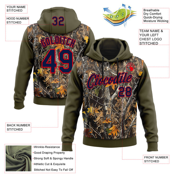 Custom Stitched Olive Navy-Fire Red 3D Pattern Design Tree Camo Hunting Sports Pullover Sweatshirt Salute To Service Hoodie