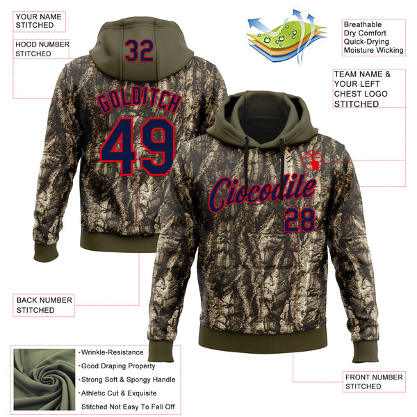 Custom Stitched Olive Navy-Fire Red 3D Pattern Design Tree Camo Hunting Sports Pullover Sweatshirt Salute To Service Hoodie